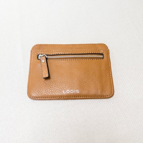 LODIS Pebbled Leather Zip Card Case Wallet Cognac Brown Minimalist Unisex - Picture 1 of 9